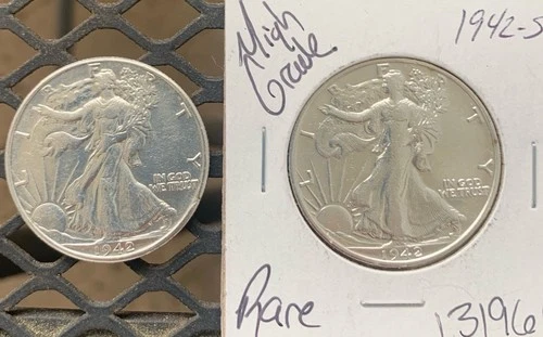 Lot of Two LIBERTY WALKING 90% SILVER HALF DOLLARS :: 1942-P 1942-S :: (au-bu)