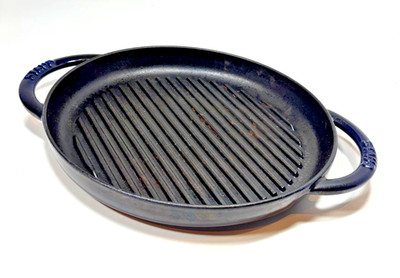Staub Pure 10.5'' Round Enameled Cast Iron Grill Pan Dark Blue with Two Handles