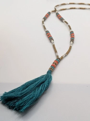 Mishky Beaded Lariat Necklace Pink, Teal, Gold/Brass Tone Beads & Teal Tassel  - product listing photo