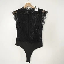 NWT Steps NY Valentine Women’s L Black Lace Mock Neck Zip Back Body Suit