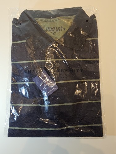 CHARLES TYRWHITT Herren marineblau mit grünen Streifen BAUMWOLLE POLOSHIRT Größe Large NEU