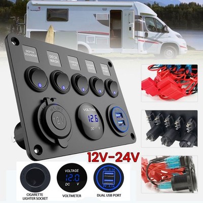 5 Gang 12V LED Light Switch Control Panel Voltmeter USB Charger For Car Boat