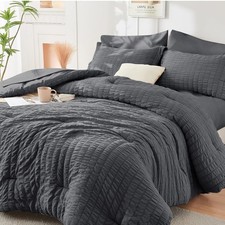 HYMOKEGE Queen Comforter Set Seersucker 7 Pieces, Queen 88x 88 , Dark Grey