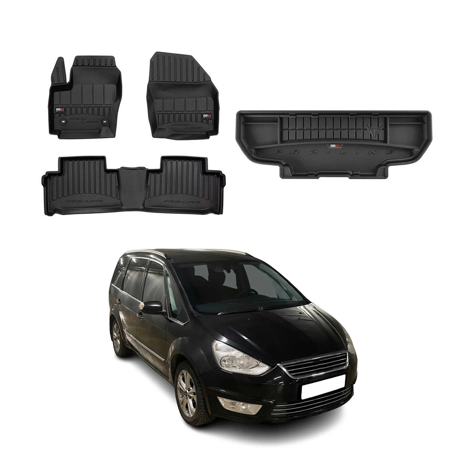 Tapis de sol Ford Galaxy imperméables en caoutchouc avec bac de coffre à bords hauts