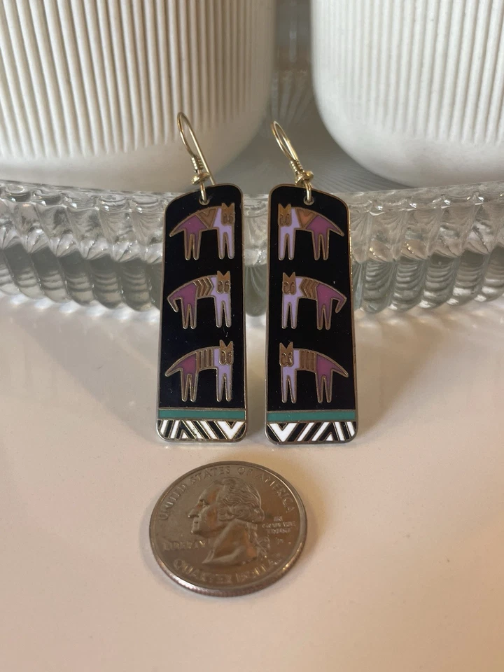 Laurel Burch винтажный иероглифический Cat серьги эмаль ретро фиолетовый клуазоне - Изображение 3 из 4
