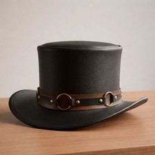 Black Leather Top Hat Handmade Steampunk Gothic Western Mens Hat