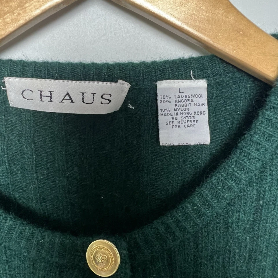 Cárdigan tejido con cable Chaus vintage para mujer L lana de cordero angora suéter verde Kelly Foto 4 de 4