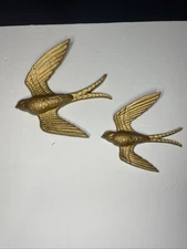 Vintage Burwood Set 2 Gold Wall Hanging Swallow Sparrow Birds Decor MCM Cottage
