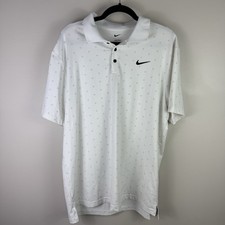 Nike Dri-Fit Golf Polo Shirt L White Swoosh Logo Athletic Stretch Stain
