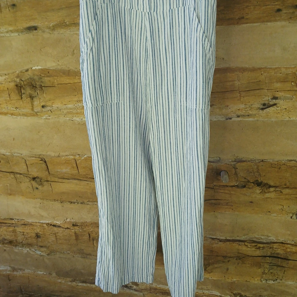 Mono para mujer Old Navy sin mangas pierna ancha mezcla de lino blanco azul a rayas Foto 3 de 4