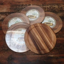 Acacia Wood Round Wood Plates 13" with 2" Wide Lip (Set of 5) NOS