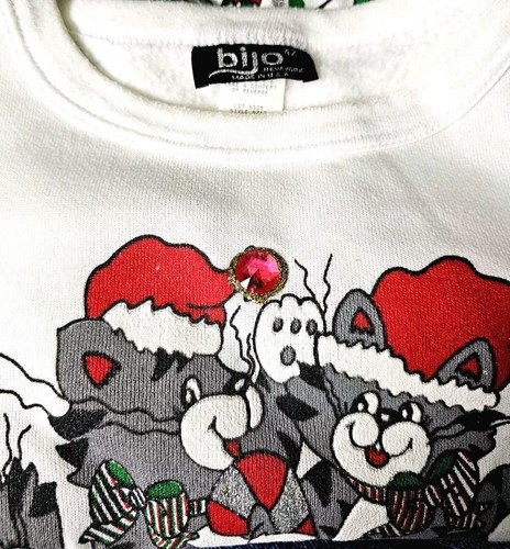 VTG Christmas Sweatshirt Jeweled Cats 1980s 2 Sided Bijo NY USA Sz 22W *spot* - Picture 8 of 13