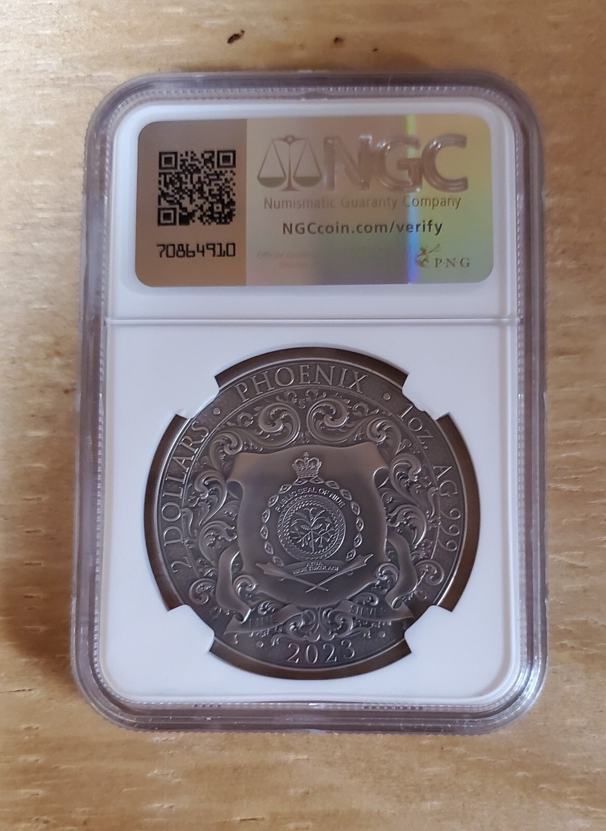 2023 Niue $2 1oz Silver Phoenix Colorized MS70 Antiqued NGC