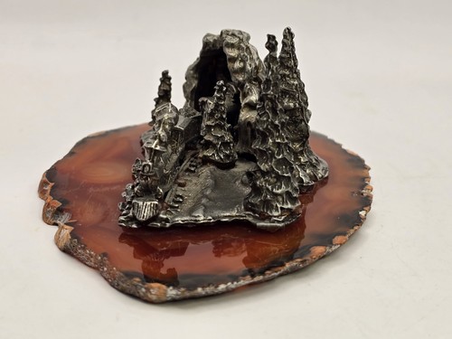 Pewter Train in Tunnel on Polished Geode Gemstone Slice 5"x3.75" - Picture 3 of 12