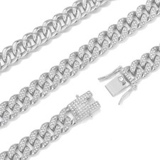 Men's White Gold Plated Iced CZ Out Miami Cuban Link Bracelet Chain Set 12MM