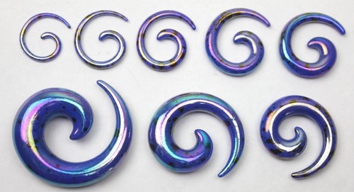 Spiral Metallic AB Blue Splatter Pattern Acrylic Stretcher Ear Tapers Expanders - Picture 3 of 4