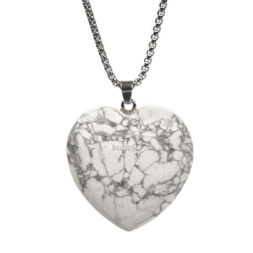 Rock Gemstone Healing Crystal 40mm Puffed LOVE Heart Pendant & Necklace - Picture 20 of 46