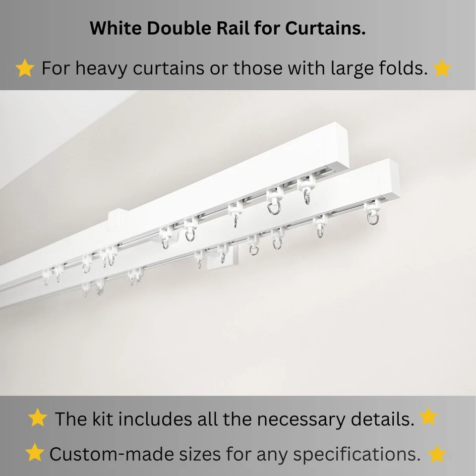 Riel de cortina doble blanco premium - resistente, montaje en pared, extra largo, cualquier tamaño Foto 3 de 4