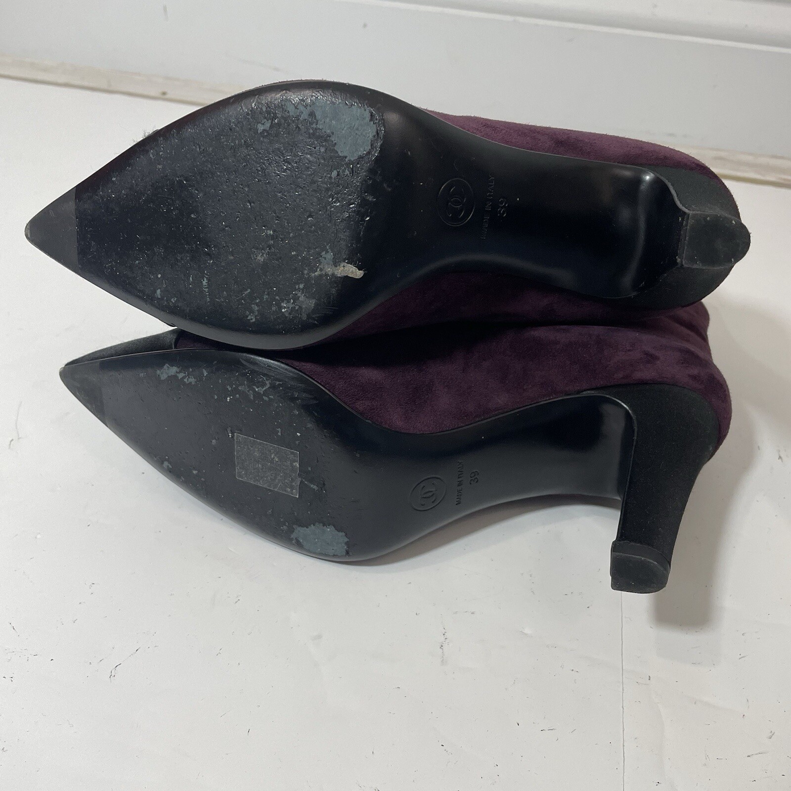Chanel suede leather cap toe high heel ankle boots burgundy and black size 39 image 9