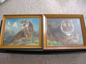 Vintage Asian Tigers Painted on Silk 1950's Pair!  Signed!