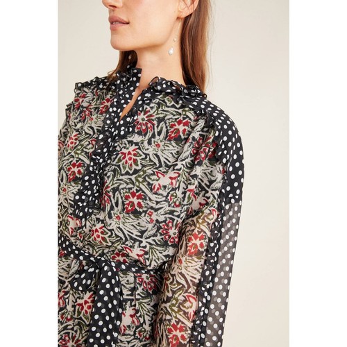 New Anthropologie Antik Batik Balyna Silk Dress $373 38/S Black Motif Floral