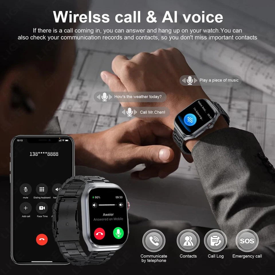 LIGE Uric Acid Blood Fat Health Smartwatch Men ECG Heart Rate Blood Pressure NFC - Image 2 of 4