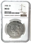 1935 Peace Dollar NGC MS 62 90% Silver Coin Collectible