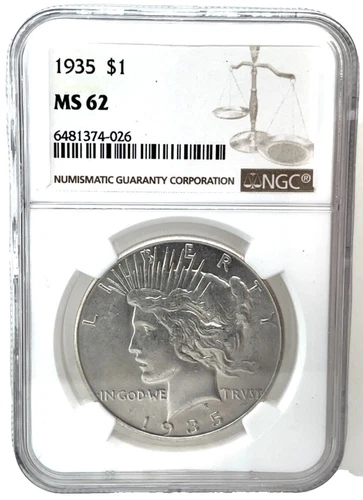 1935 Peace Dollar NGC MS 62 90% Silver Coin Collectible