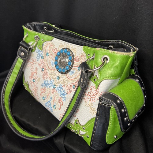 Multi Pocket Faux Leather Concealed Carry Purse w/ quick access. Green / white - Picture 19 of 24