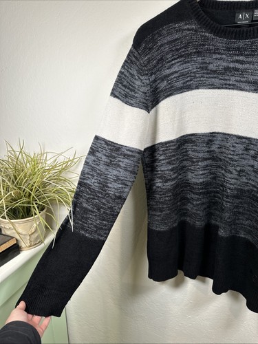 Armani Exchange Mens Size XL Black Gray White Striped Wool Crewneck Sweater - Picture 4 of 13