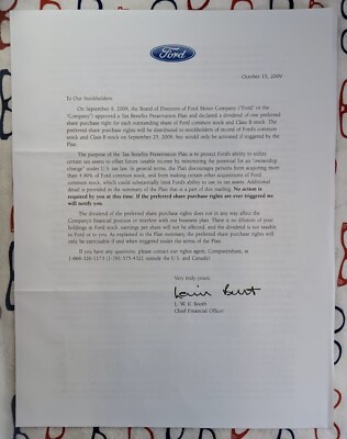 Ford Motor Company October 15 2009 Original Shareholder Letter Stock Dividend