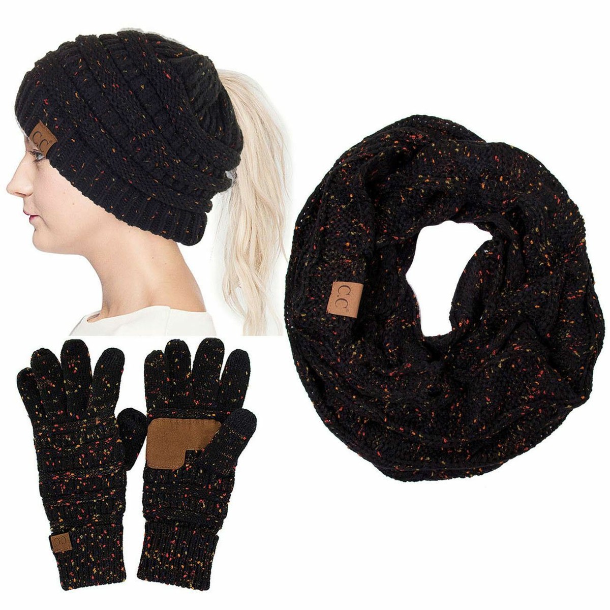 C.C 3pc Confetti Knit Beanie Ponytail Hat Infinity Scarf 
