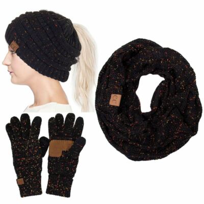 C.C 3pc Confetti Knit Beanie Ponytail Hat Infinity Scarf  Touchscreen Gloves Set