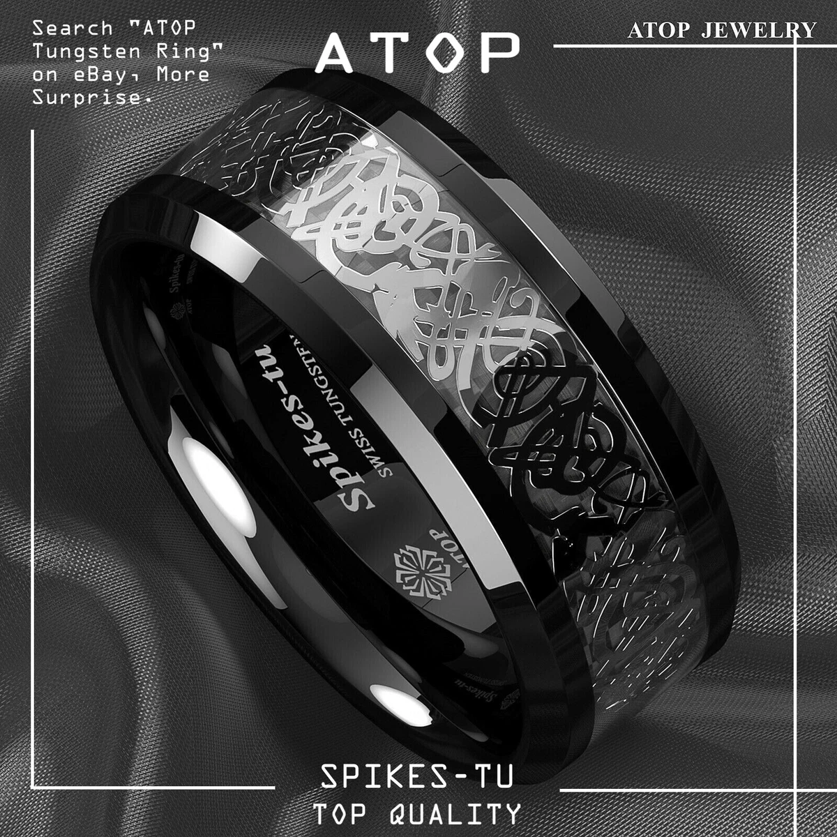 8mm Classic Silver Celtic Dragon Black Tungsten Carbon Ring ATOP