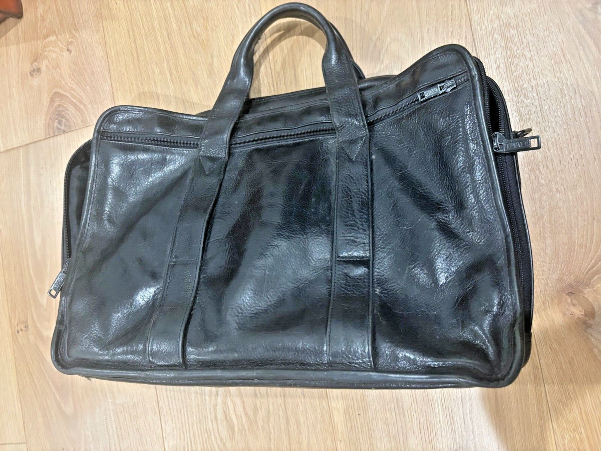 Vintage 80s Tandi Mens Leather Briefcase Solid Black Padded Travel