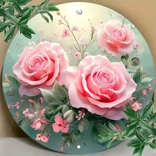 Round Aluminum Wall Art - Classic Humorous & Fun Pink Roses Floral Design W/Gree