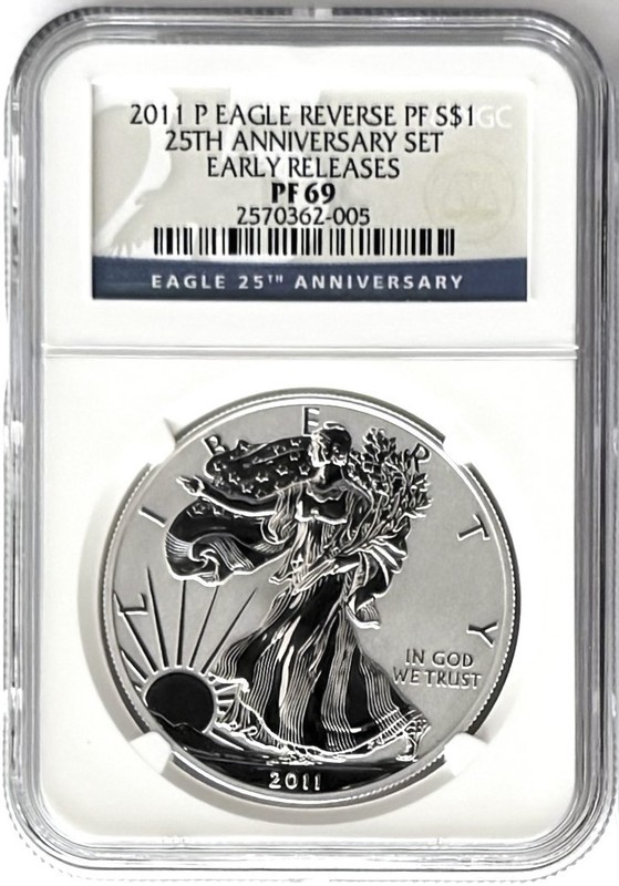 2011 P REVERSE PROOF SILVER EAGLE FROM 25TH ANNIVERSARY EARLY RELEASES NGC PF69
