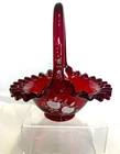Fenton White Floral Ruby Red Cranberry Hand Painted Glass Basket Signed D Hill?