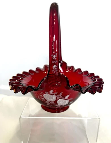 Fenton White Floral Ruby Red Cranberry Hand Painted Glass Basket Signed D Hill?