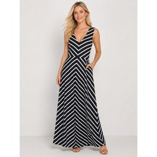Talbots Black & White V-Neck Striped Maxi Dress Size M Preppy Feminine