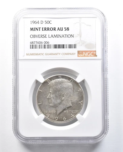 1964-D Kennedy Half Dollar Mint Error Obverse Lamination AU58 NGC *8248