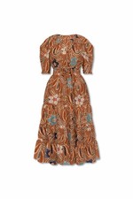 Ulla Johnson STAINED Zeenat Light Brown Floral Print Silk Midi Dress sz 8