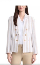 Jones New York Natural Stone/White Striped Linen Blend Open Jacket. Sz M. NWT