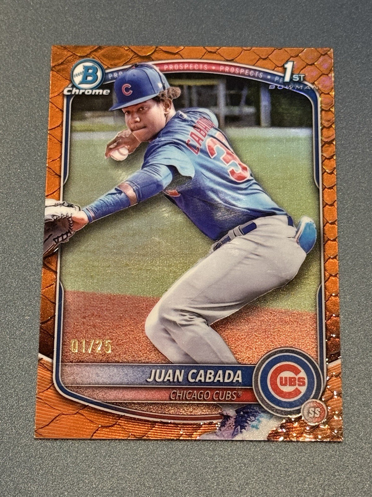 2025 Bowman Chrome Orange REPTILIAN Refractor Juan Cabada 1ST On Print 01/25