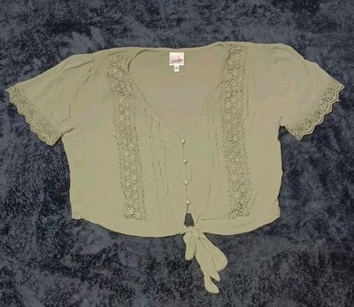 Belle Du Jour Cropped Tie Front Pointelle Blouse Large Sage Green Boho Festival