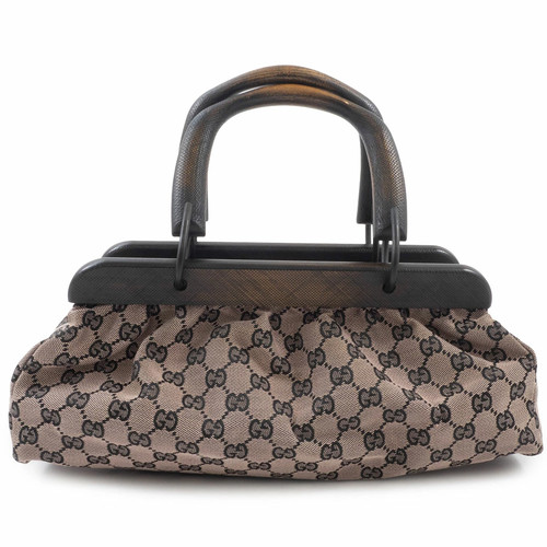 Gucci Bag Used Wood Handle Handbag Gg Canvas 112688 Beige Small