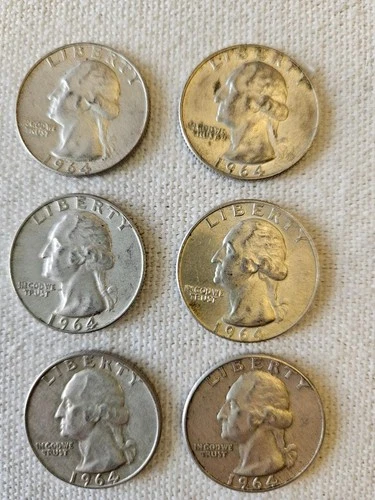 Washington Silver quarters lot of 6. All 1964's, 3 are Denver mint.