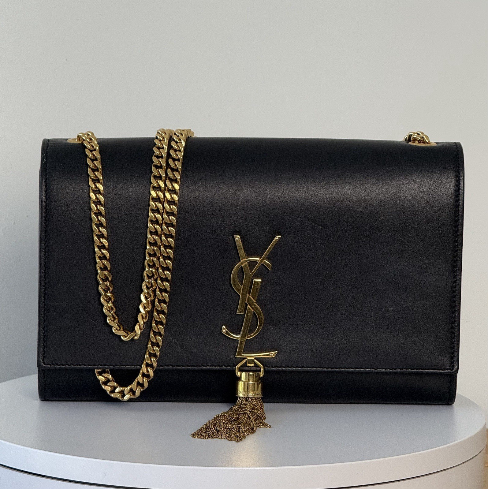 SAINT LAURENT Kate Chain Shoulder Bag in Black Calfskin Leather