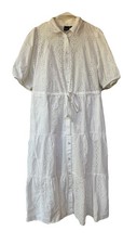 GAP Embroidered Eyelet Cottage Dress Button Down Tie-Waist Large Cotton White