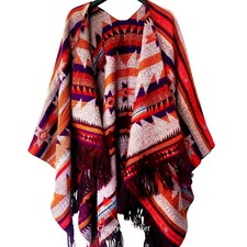 Reversible Southwestern Fringe Boho Oversized Shawl Wrap Cape Mountain Chic